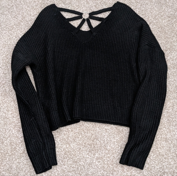 (2/$25) Ardene dropped shoulder sunray open back rib knit sweater black - Picture 12 of 14
